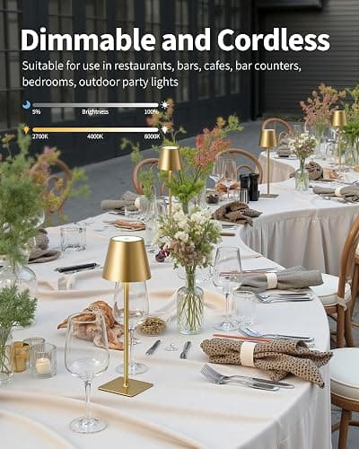 KDG 2 Pack Cordless Table Lamp, Portable LED Desk Lamps, 5000mAh Battery Operated, 3 Color Stepless Dimming Up, for Restaurant, Bedroom, Outdoor Camping, Coffee Shop, Night Light, Rechargeable (Gold) thumbnail 3