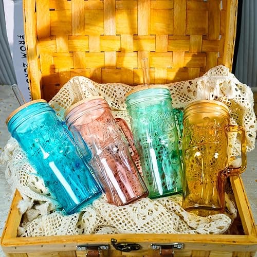 ANOTION Colored Glass Cups with Handle Set of 4, 24oz Glass Cups with Lids and Straws Travel Coffee Mug Bamboo Mason Jar Iced Cup Smoothie Tea Clear Cute Water Drinking Jars Glasses thumbnail 4