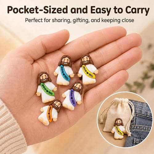 54 Pack Little Jesus Figurines in Bulk, Pocket Jesus Loves You, Jesus Small Figures, Little Tiny Jesus Figures for Church Christmas Party Favors Baptism Gifts Religious Gifts for Easter Egg Stuffers thumbnail 5