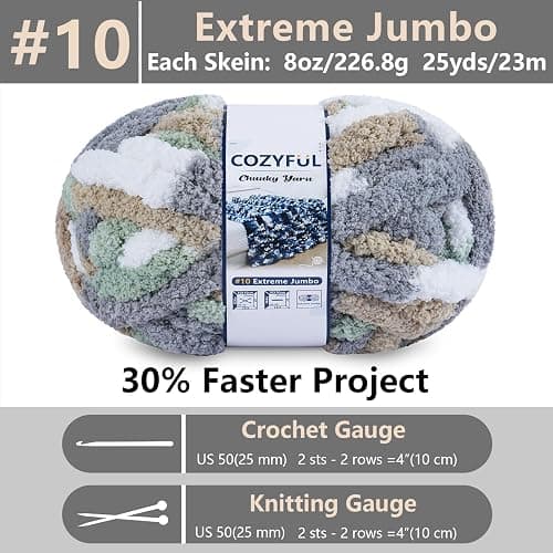 Cozyful Chunky Yarn for Hand Knitting - #10 Chunky Chenille Blanket Yarn, Jumbo Big Thick Chunky Yarns for Crocheting, Tie Dye Bulky Knit Yarns, 8 Skein (25 yds 8 oz Each Skein), Cream&Sage&Grey&Khaki thumbnail 3
