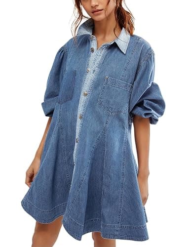 Gozoloma Women's Denim Dress Long Balloon Sleeves Button Down A Line Swing Ruffle Jean Mini Babydoll Dress with Chest Pocket - Image 1