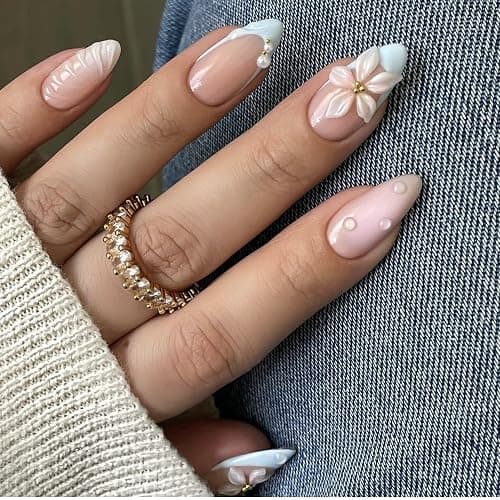 LPOODDNU Almond Flower Pearl Press on Nails - Medium 3D Fake Nails with French Tip Designs, Glossy Finished Reusable False Nails with Double Adhesive Glue Tabs - 24Pcs Nail Kit for Women Manicure - Image 1