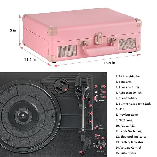 Portable Record Player with Bluetooth Connectivity USB Playback and Recording 3 Speed Turntable Vintage Suitcase Design Built in Speakers Rechargeable Battery for Vinyl Lovers thumbnail 2