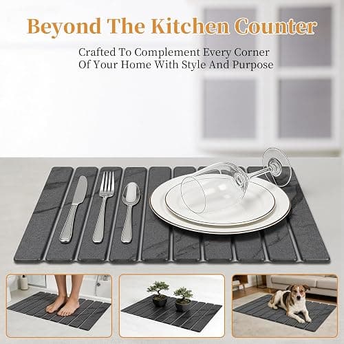 Stone Dish Drying Mat for Kitchen - Diatomaceous Earth Drying Mats | Grey Color, Quick Dry Counter Mats, Foldable Design, Super Absorbent, (24"×16"/ 8"x4" / 1 Drain Rack) , for Dishes Cups thumbnail 7