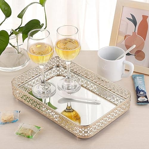 ELLDOO Perfume & Makeup Vanity Tray - Hollow-Carved Jewelry Storage, Glass & Metal Trinket Organizer for Dresser & Bathroom Countertop, Gold, Medium Size thumbnail 2