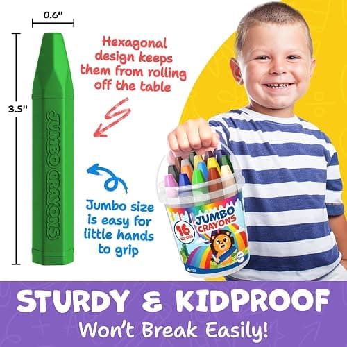 Jumbo Crayons for Toddlers 1-3 - 16pc Toddler Baby Crayons for Kids Ages 4-8 1-3 2-4 - Printed & PDF Coloring Sheets Non Toxic Washable Classroom Must Haves, Christmas Stocking Stuffers for Toddlers thumbnail 2