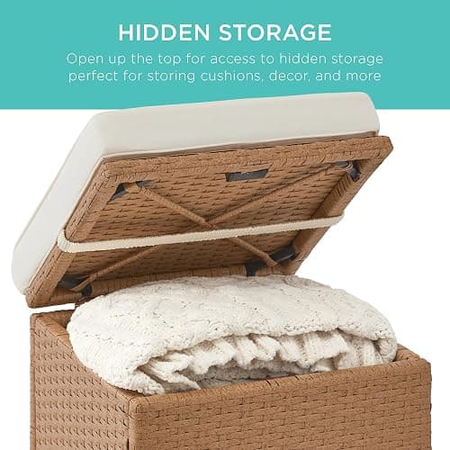 Best Choice Products Set of 2 Wicker Ottomans, Multipurpose Outdoor Furniture for Patio, Backyard, Additional Seating, Footrest, Side Table w/Storage, Removable Cushions - Natural/Ivory thumbnail 4