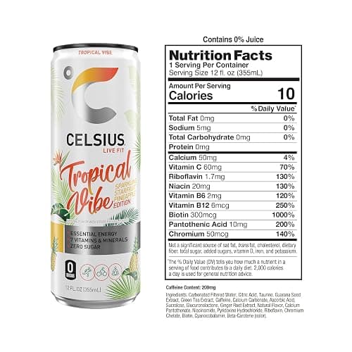 CELSIUS Sparkling Tropical Vibe, Functional Essential Energy Drink 12 Fl Oz (Pack of 12) thumbnail 2