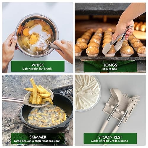 HOTEC 446°F Heat Resistant Silicone Kitchen Utensils, Cooking Utensil Set, Spatula Set, BPA Free, Kitchen Gadgets, With Stainless Steel Utensils Holder, Dishwasher Safe 14pcs Khaki thumbnail 7