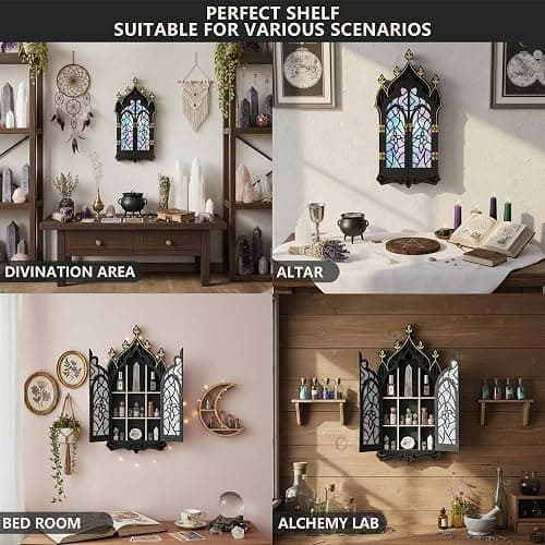 Gothic Crystal Display Shelf, Goth Wall Decor Witchy Spiritual Home Decor | Display Shelf for Gemstones, Essential Oils & Trinkets, Wooden Church Window Shelf for Bedroom Living Room, Witchy Gifts thumbnail 7