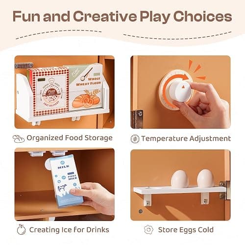 ROBOTIME Kids Wooden Refrigerator, Play Kitchen Fridge for Toddlers, Toy Fridge with Ice Maker and Food Accessories, Pretend Play Kitchen Toy for Boys & Girls Ages 3+ thumbnail 4