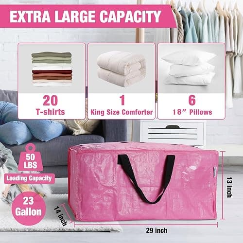 WORKPRO 6 Pack Extra Large Moving Bags with Zippers & Carrying Handles Backpack Straps, Heavy-Duty Storage Tote for Space Saving Moving Storage (Pink) thumbnail 2
