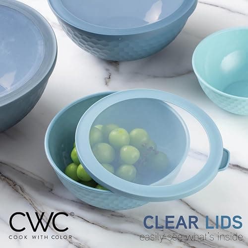 COOK WITH COLOR Mixing Bowls with Lids - 12 Piece Plastic Nesting Bowls Set includes 6 Prep Bowls and 6 Lids, Non Slip Bottom and Embossed Design - Microwave Safe (Blue) thumbnail 2