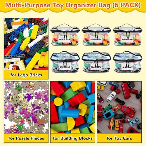 Tesuko 6 Pack Clear Toy Storage Bag with Name Tag& Manual Pocket, Waterproof Transparent PVC Toy Organizer Case for Lego Bricks, Board Games, Building Blocks, Puzzles (Large Capacity, Black) thumbnail 6