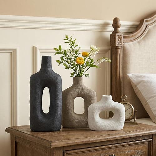 DREAMLOOM Ceramic Vase Set of 3, Modern Rustic Flower Vases for Pampas Grass, Dried & Fresh Flowers, Farmhouse Decorative Vase for Living Room Bedroom Kitchen Shelf Centerpiece, Black thumbnail 2