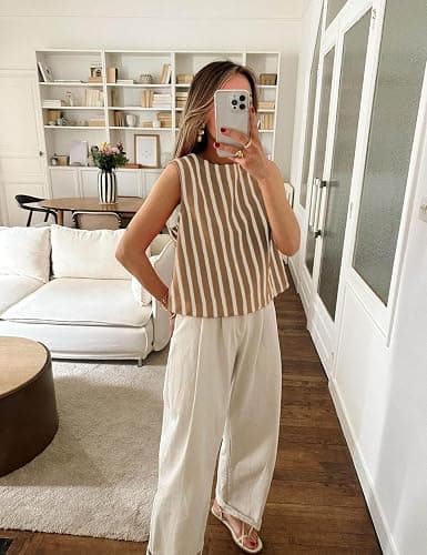 Xiaoxuemeng Womens Striped Top Sleeveless Cotton Tank Top Crewneck Casual Summer Vests thumbnail 7
