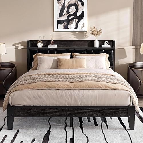 LIKIMIO Queen Bed Frame with Storage Headboard and Charging Station | Black Upholstered Platform Bed Frame, Sturdy Noise-Free Metal Support, No Box Spring Needed, Easy Assembly - Image 1