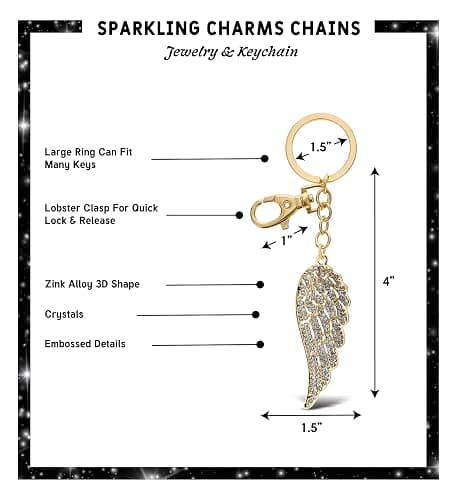 Aqua79 Angel Wing Keychain - Gold 3D Sparkling Charm Rhinestones Fashionable Stylish Metal Alloy Durable Key Ring Bling Crystal Jewelry Accessory With Clasp thumbnail 2