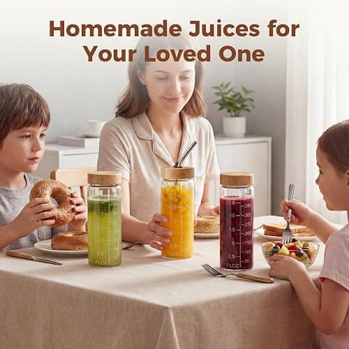 HomArtist 16oz Round Glass Juice Bottles with Lids, 6 Pack Reusable Juice Containers with Bamboo Lids, Glass Juicing jars with 4 Straws & 2 Airtight Lid with Hole for Drinking thumbnail 5