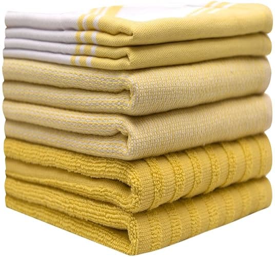 Premium Kitchen Towels (20”x 28”, 6 Pack) | Large Cotton Dish Towels | Flat & Terry Highly Absorbent Kitchen Linen Set with Hanging Loop | Wide Stripe Yellow thumbnail 2