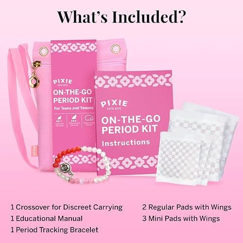 Pixie First Period Kit for Girls 9-12 - Ranked 1 for Organic Cotton Teen Pads with Wings - Period Tracking Bracelet & Discreet Crossbody Bag - On-the-Go Tween Starter Kit & Feminine Hygiene Essentials thumbnail 2