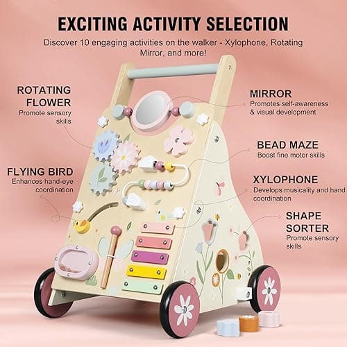 Pithfor Wooden Baby Walker, Baby Push Walker, Push Walker Toys for Babies Learning to Walk & Sit-to-Stand, with Montessori Sensory Toy & Activity Center for Girls Boys thumbnail 5
