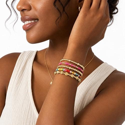 Turandoss 5PCS Gold Beaded Bracelets for Women Teen Girls, 14K Gold Plated | Gold Beaded Bracelet Stack, Dainty Turquoise Cross Pearl Round Ball Bracelet Set, Women Teenage Girls Birthday Gifts Jewelry thumbnail 3