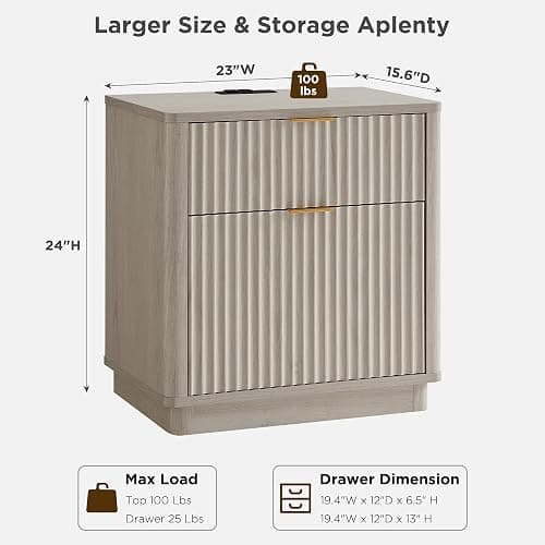 T4TREAM 23'' Fluted Nightstand Set of 2 with Charging Station, Large 2 Drawer Side Table, Modern End Table with Storage, Mid Century Bedside Table for Bedroom, Living Room, Curved Profile, White Alder thumbnail 3