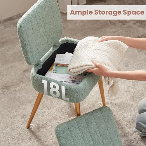 ZYKZYK Updated Vanity Chair, Storage Ottoman with Folding Back & Gold-Toned Metal Legs, Ottoman Seat with Teddy Velvet for Dressing Room Living Room Bedroom, 16" x 12.5" Inch thumbnail 4
