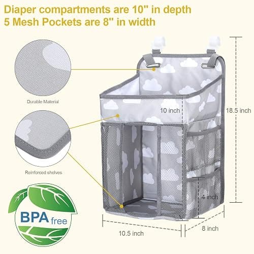 Accmor Hanging Baby Diaper Caddy Organizer, Diaper Stacker, Baby Crib Hanging Classified Storage Bag Organizer for Changing Table, Crib, Playard or Wall & Nursery Organization, Grey Cloud thumbnail 3