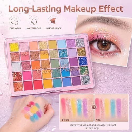 Colourful Glitter Eyeshadow Palette, 40 Colours Matte Glitter Eyeshadow Yellow Silver Pink Purple Green Blue Eye Make Up Palettes, Long Lasting Colourful Eye Shadow Pallets for Women thumbnail 5