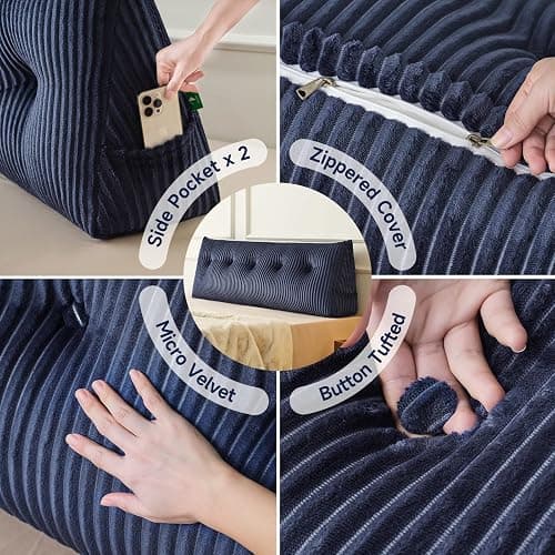 Z-hom Twin Headboard Pillow, Triangular Wedge Reading Pillow for Bed or Sofa, Ergonomic Backrest Cushion for Sitting Up, Reading or Relaxing, with Side Pocket，Removable Washable Cover,Blue thumbnail 6