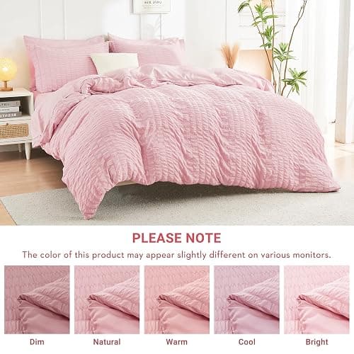 HYMOKEGE Pink Full Size Comforter Sets Seersucker 7 Pieces, All Season Luxury Bed in a Bag for Bedroom, Bedding Set with Comforters, Sheets, Pillowcases & Shams thumbnail 6