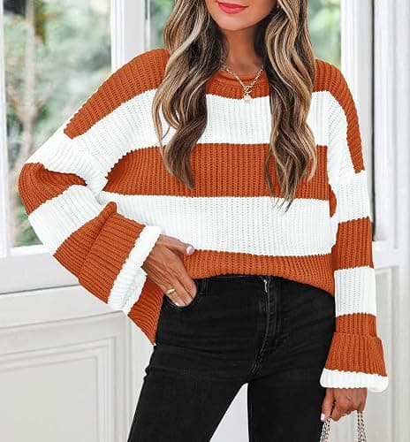 ZESICA Women's 2025 Fall Long Sleeve Oversized Striped Color Block Comfy Loose Crew Neck Knitted Pullover Sweater thumbnail 3