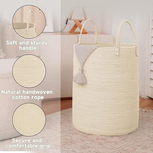 JMvicyroam Large Woven Laundry Basket Hamper,60L Cotton Rope Storage Bin for Blankets,Toys and Clothes,Decorative Tall Nursery Hamper for Living Room,Baby Nursery,Bathroom and Bedroom,Beige thumbnail 6
