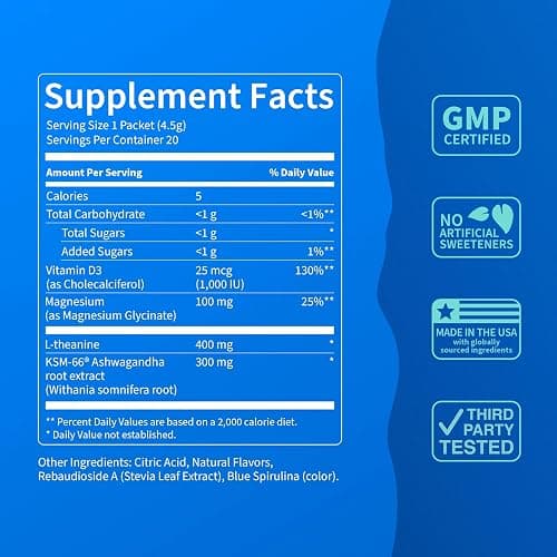 Nello Supercalm Drink Mix with Magnesium Glycinate, KSM 66 Ashwagandha, Vitamin D3 and L Theanine, Calm Powder Supplements for Relaxation Support, No Sugar, Travel Packets, 20 Ct, Blue Coconut thumbnail 4