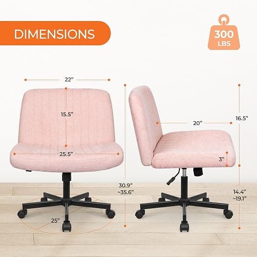 Orange Factory Criss Cross Chair Wheels Wide Cross Legged Office Desk Vanity Chair Comfy Fabric Armless Adjustable Swivel for Home Computer Task (Pink) thumbnail 2
