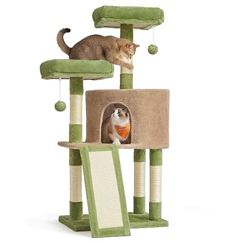 Feandrea Cat Tree, 45.3-Inch Cat Tower, Plush Condo with Scratching Post, Ramp, Perch, Spacious Cave, for Small Space, Grass Green and Camel Brown UPCT141CB03 - Image 1