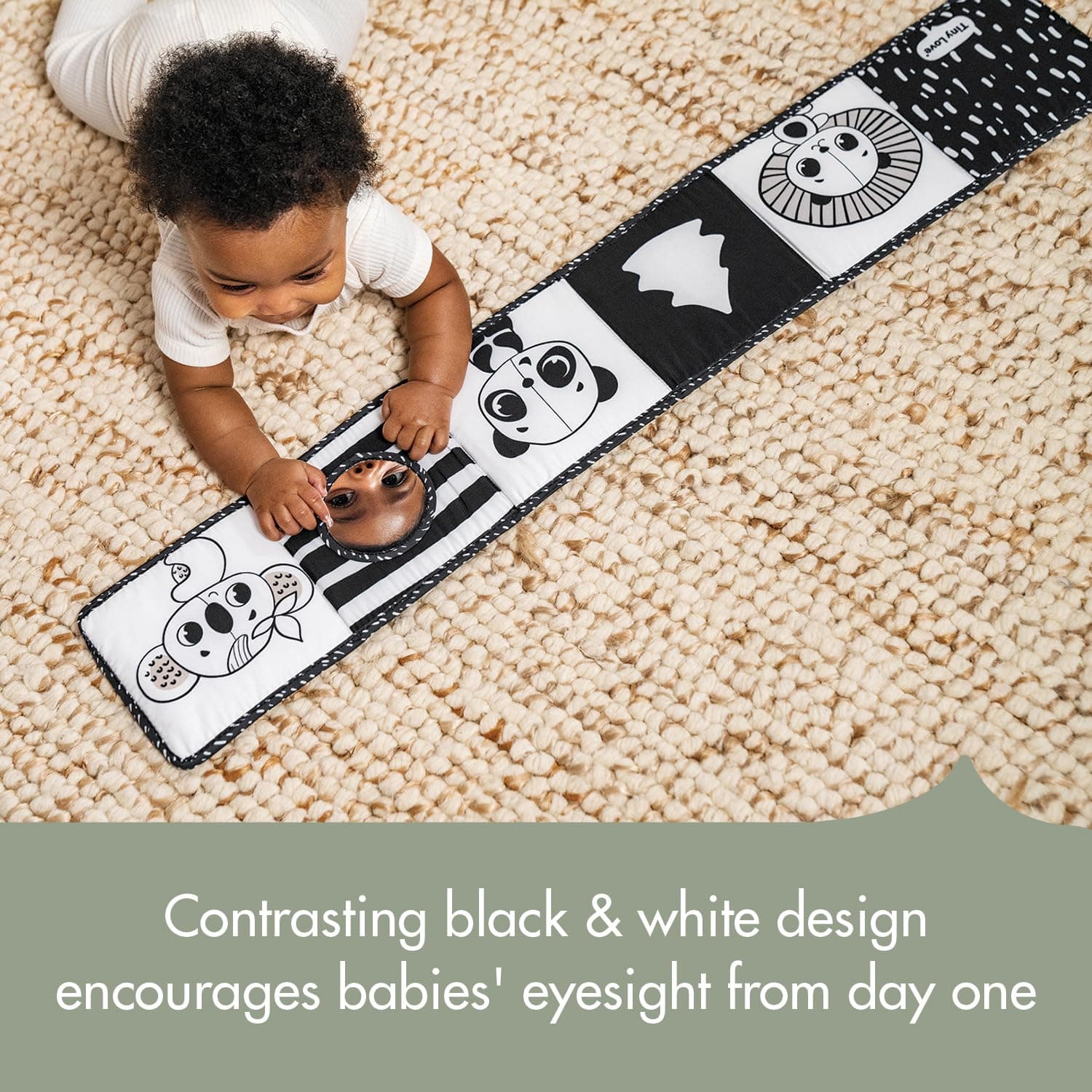 Tiny Love Double-Sided First Book, Black & White Decor Baby Activity Book with 7 Fun Activities , Dual Stage Development with Textures, Sounds, and Mirror, Enhances Cognition, Communication, and Motor Skills - Image 1
