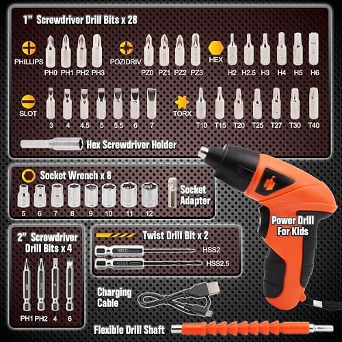 JoyTown Kids Real Power Drill Set – Electric Cordless Drill Tool Kit for Children with Interchangeable Bits, Flexible Shaft, Rechargeable, Carrying Case, Learning Tools for Boys & Girls Home DIY thumbnail 3