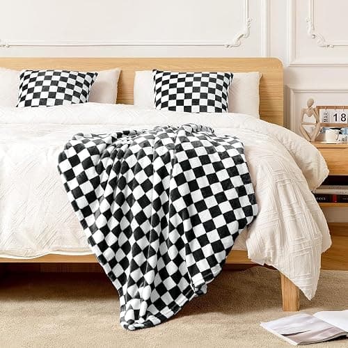 FY FIBER HOUSE Karrierter Flanell-Fleece-Decke Weich und Gemütlich Karo-Gitterdruck Schachbrettmuster Gingham-Muster Decke für Bett, Couch, Sofa, 60"x80" (152 x 203 cm), Schwarz thumbnail 5