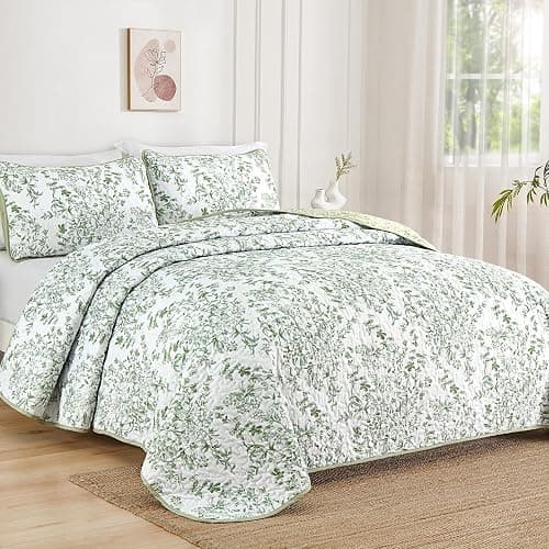 WONGS BDEEING Quilt King Size, Sage Green Quilt Bedding Set with 2 Pillowcases, Botanical Quilt for King Bed, Soft Microfiber Lightweight Coverlet Bedspread for All Season (110"×90", 3 Pieces) thumbnail 2