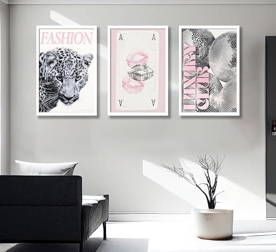 Pink Trendy Leopard Preppy Wall Art Funky Black Cheetah Picture Wall Decor Luxury Club Fashion Disco Ball Ace of Spades Painting Aesthetic Poster Print Artwork for Living Room Bedroom Dorm Apartment thumbnail 8