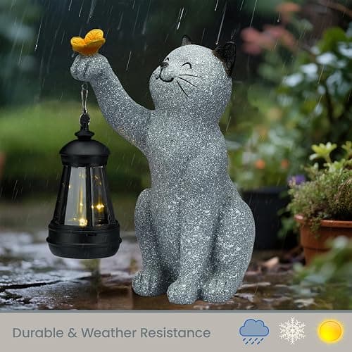 Elegondrar Solar Cat Garden Statue Outdoor Decor, Cat Sculpture with Lantern and Butterfly for Yard Lawn Patio Balcony, Christmas, Birthday Housewarming Gifts for Mom, Grandma, Women, 9.4 inch, Resin thumbnail 5