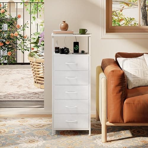 Somdot White Nightstand with Charging Station and LED Light for Bedroom, Tall 5 Drawers Dresser with Fabric Bins for Bedside Kids Dorm Room Closet Laundry Entryway, White Leather thumbnail 7