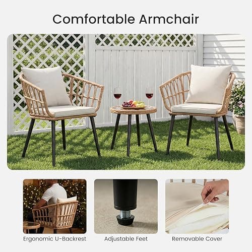 DUMOS 3 Pieces Outdoor Bistro Set, All-Weather PE Rattan Patio Furniture Set with Cushions, Steel Frame Table and Chairs for Balcony, Apartment, Porch, Beige thumbnail 5