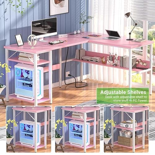 Unikito Reversible L Shaped Desk with Magic Power Outlets and USB Charging Ports, Sturdy Corner Computer Desk with Storage Shelves, Gaming Table Home Office Desk, Easy to Assemble, Pink thumbnail 4