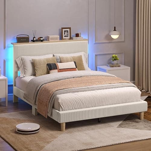 Bestier Queen Bed Frame with Adjustable Headboard & LED Lighting, Corduroy Upholstered Platform Bed Frame with Storage Shelf, Solid Wood Slats, No Box Spring Needed, Never Squeak, Easy Assembly, Beige thumbnail 8