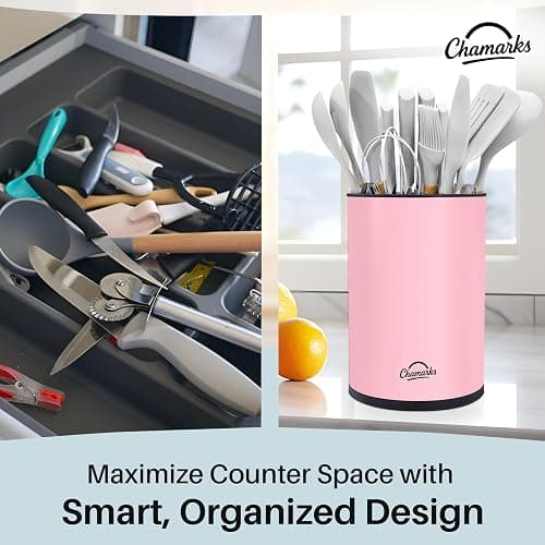 CHAMARKS 3-in-1 Kitchen Utensil Holder for countertop with Knife Block and Silverware Caddy. (Pink) thumbnail 4