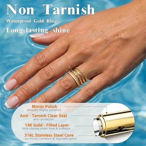 Dainty Stackable Gold Rings for Women Non Tarnish, Stacking 14K Gold Plated CZ Wedding Bands Ring Set, Waterproof Simple Trendy Minimalist Engagement Promise Thumb Pinky Thin Ring Size 5 6 7 8 9 10 11 thumbnail 2